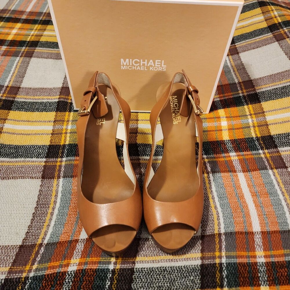 Michael Kors Leather Carina Slingback Peep-Toe Heels with Box.